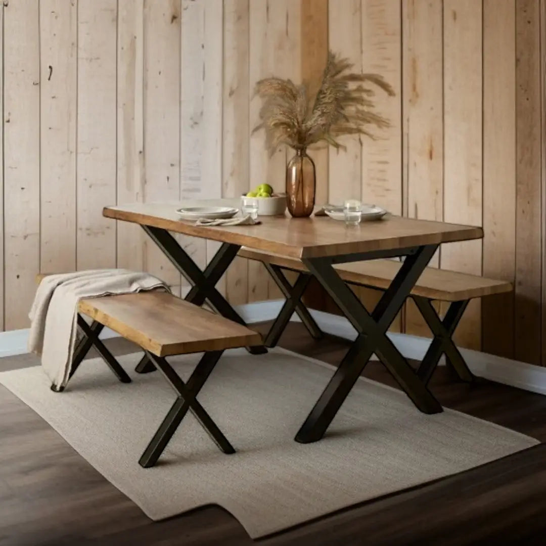 Natural Wood & Black Metal Space Saving 6 Seater Dining Set - The royce furnishings