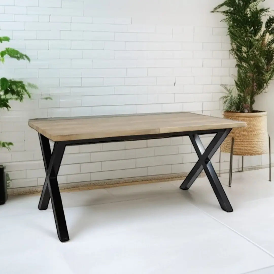 Extendable Dining Table Rectangular Wood Effect Top Seats 4-6 Metal Frame - The royce furnishings