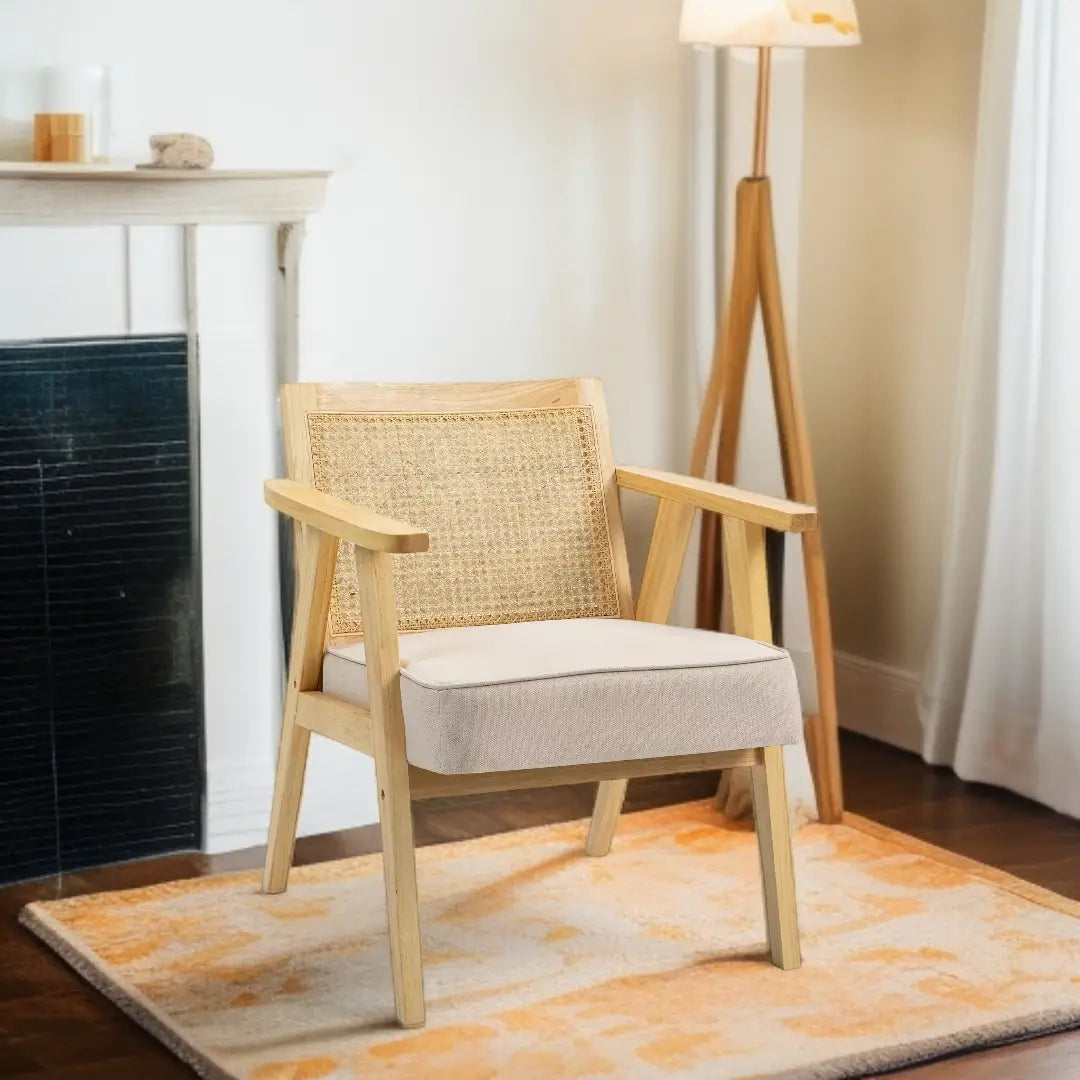 Wooden Rattan Weave Panel Accent Chair - Natural Finish - The royce furnishings