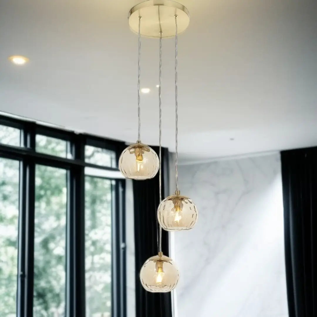 Endon Dimple 3 Light Cluster Ceiling Pendant Brushed Gold Glass Champagne Shade - The royce furnishings