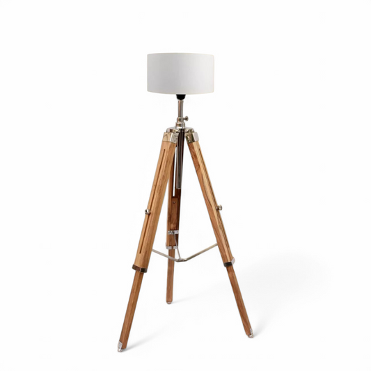 Vintage Style Tripod LED Floor Lamp Teak Wooden Floor Without Shade - The royce furnishings