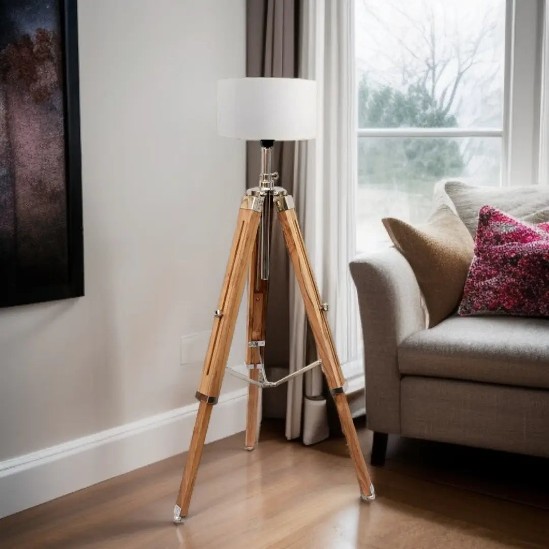 Vintage Style Tripod LED Floor Lamp Teak Wooden Floor Without Shade - The royce furnishings