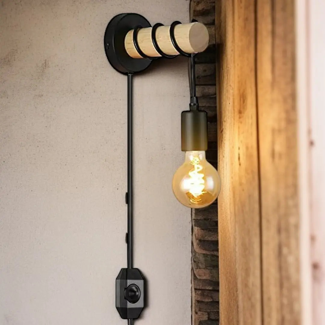 Modern Wall Light Industrial Retro Plug in Wood Wall Lamp Fitting Fixture UK - The royce furnishings