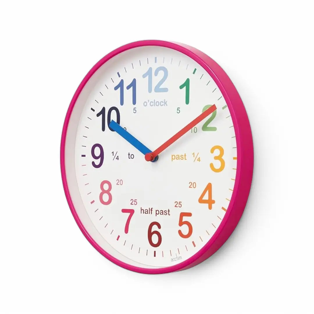 Acctim Wickford Kids Teaching Wall Clock Quartz Rainbow Dial Quarter Markers Pink - The royce furnishings