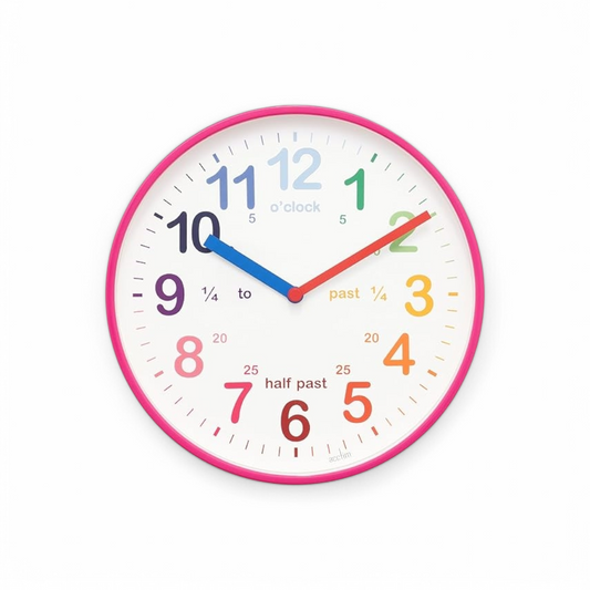 Acctim Wickford Kids Teaching Wall Clock Quartz Rainbow Dial Quarter Markers Pink