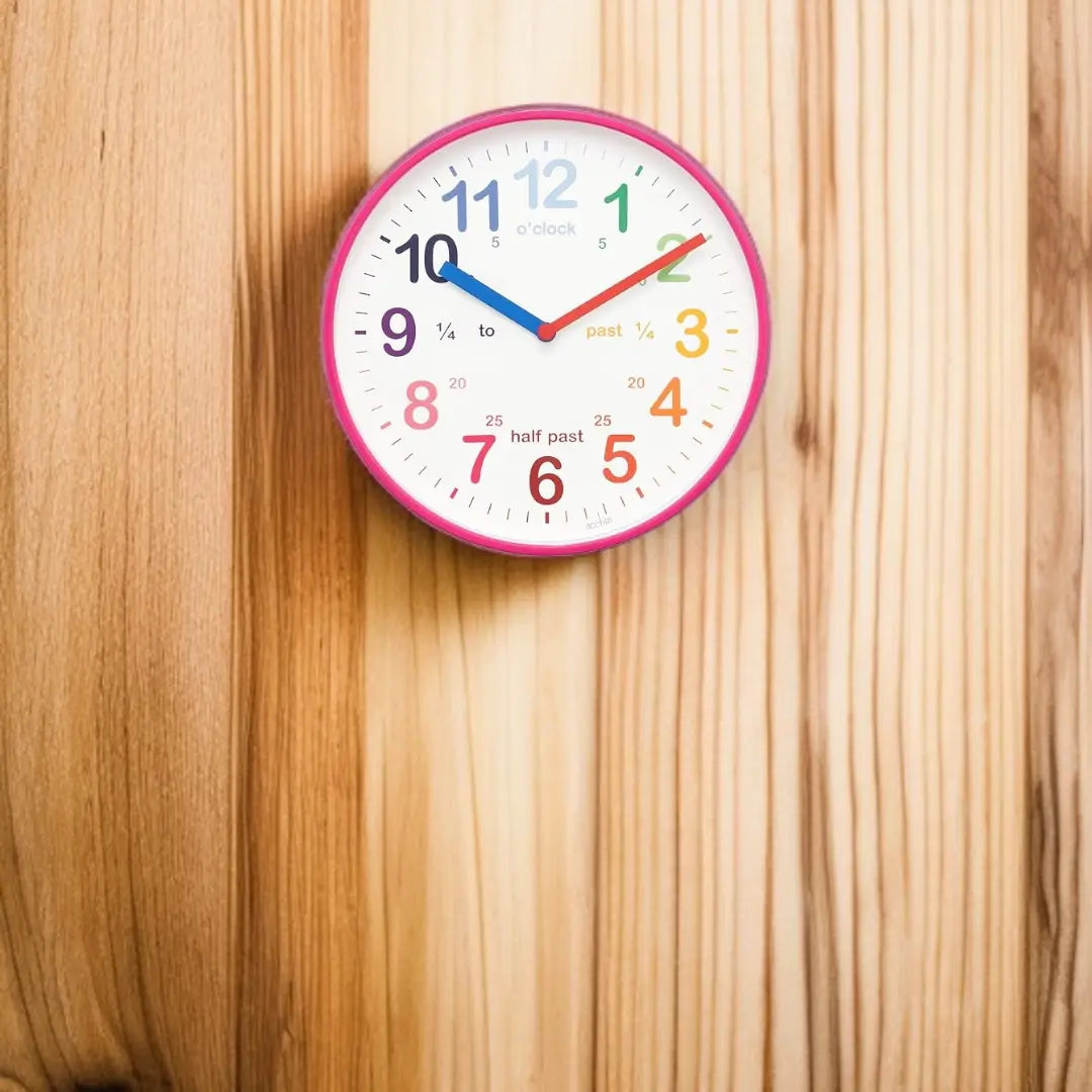 Acctim Wickford Kids Teaching Wall Clock Quartz Rainbow Dial Quarter Markers Pink - The royce furnishings
